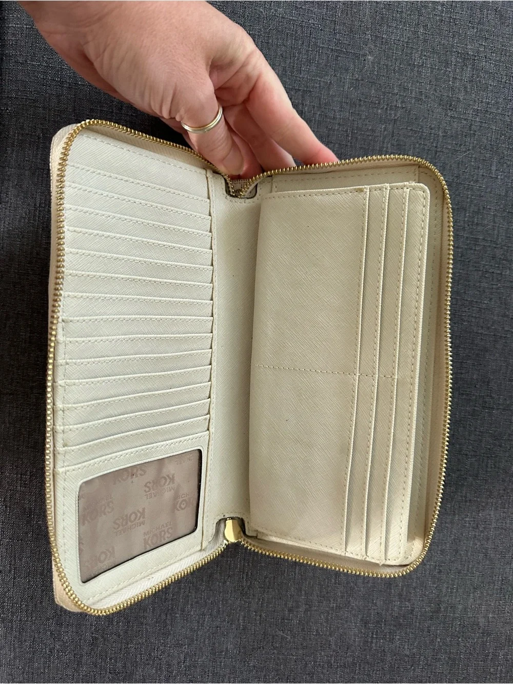 Michael Kors Cream/Beige MK Signature Zip Wallet with Gold Plaque
